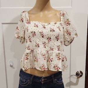 J. Crew White Floral Smocked Blouse